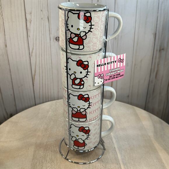Hello Kitty Stackable Ceramic Mug Set of 4 with Metal Rack Sanrio NEW Cute - Picture 1 of 16